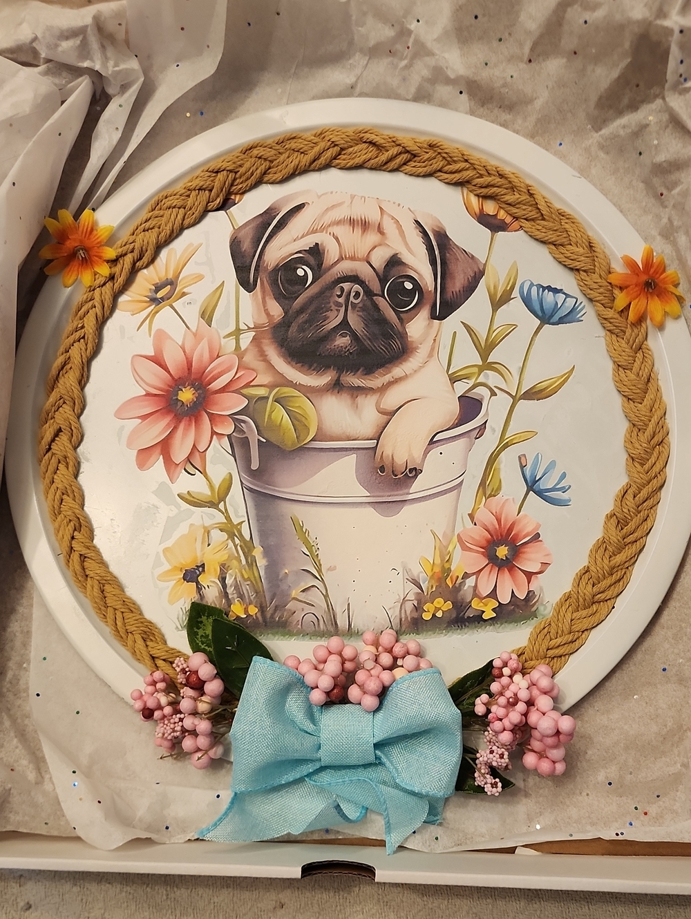 Pug in Bucket Decorative Pet Wall Plaque - Blue & Pink Accent